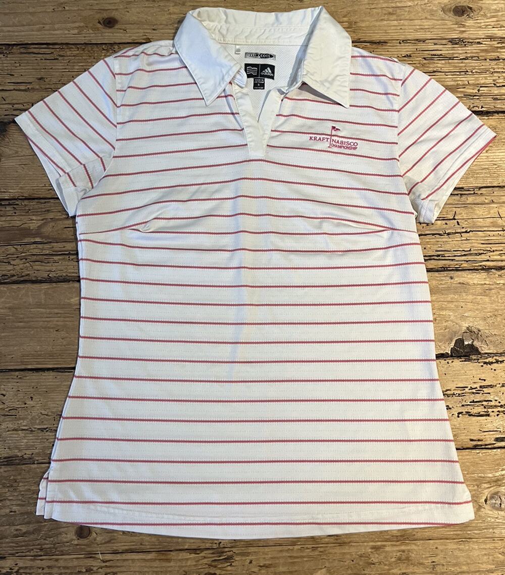Adidas Womens Size S White Pink Stripes Polo Kraft Nabisco Champions TShirt